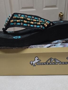 Montana West Black Flip-Flops with Turquoise and Beige Bead Accents